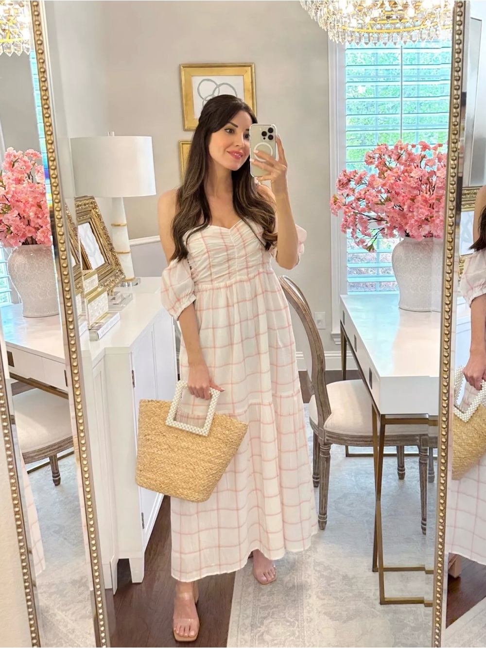 Universal Thread White Maxi Dress with Pink Grid